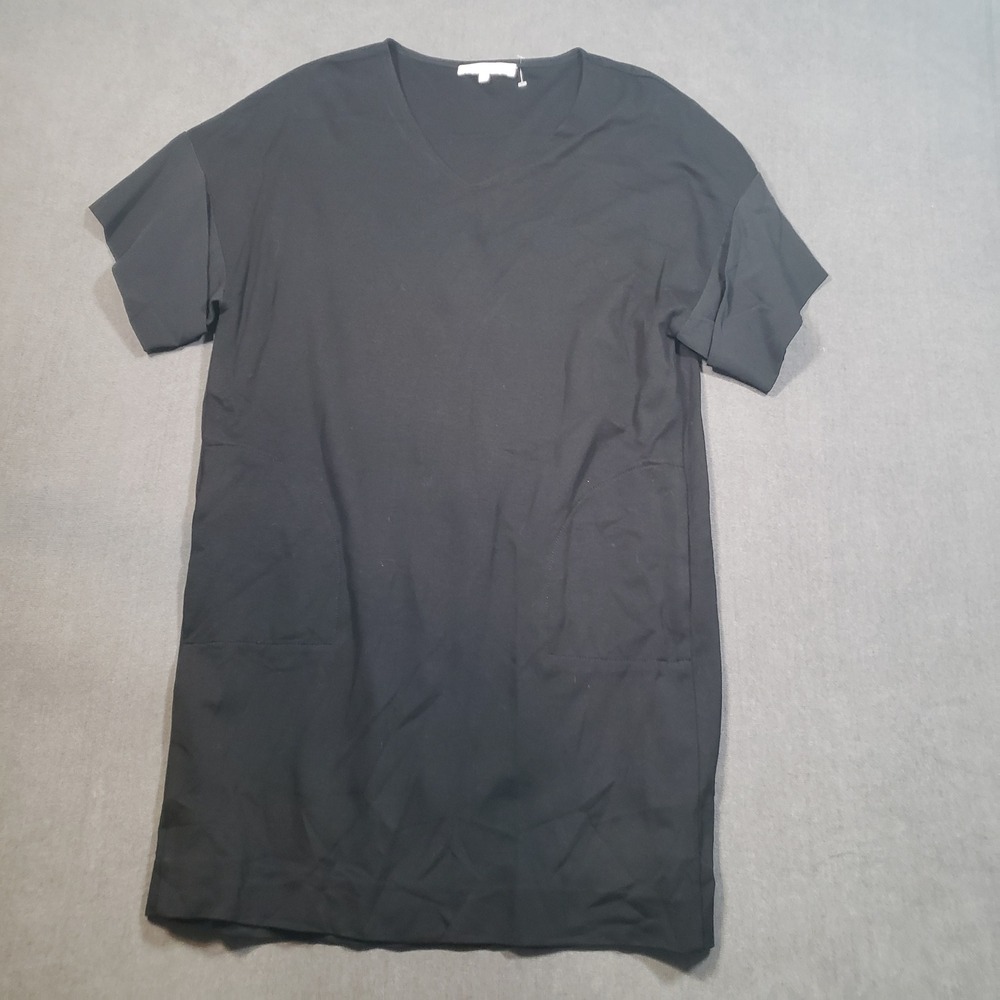 Per Se Shift Dress Womens Size 10 Black V-Neck Silk Trim Pockets Short Sleeve